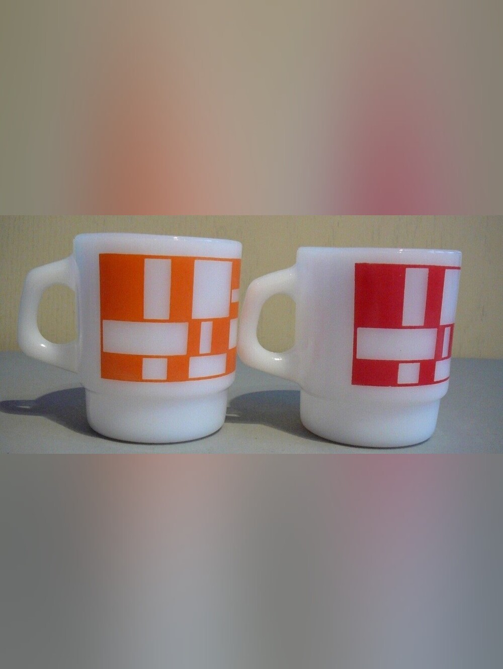 2 Anchor Hocking Fire King Orange & Red Stacking Mugs Cups Geometric pattern